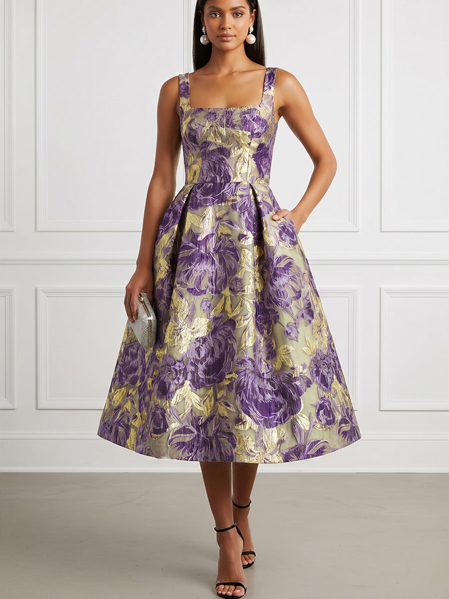 Jacquard A-Line/Princess Square Neck Tea-Length Cocktail Dresses with Pockets