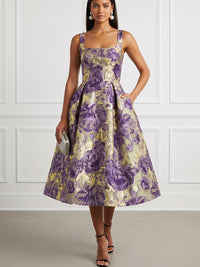 Jacquard A-Line/Princess Square Neck Tea-Length Cocktail Dresses with Pockets