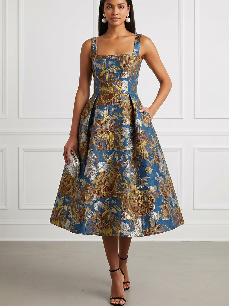 Jacquard A-Line/Princess Square Neck Tea-Length Cocktail Dresses with Pockets