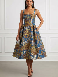 Jacquard A-Line/Princess Square Neck Tea-Length Cocktail Dresses with Pockets