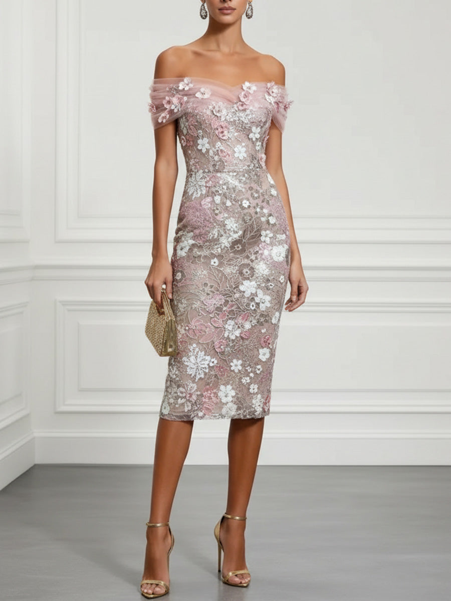 Lace Embroidery Sheath/Column Off Shoulder Tea-Length Cocktail Dresses with 3D Flowers