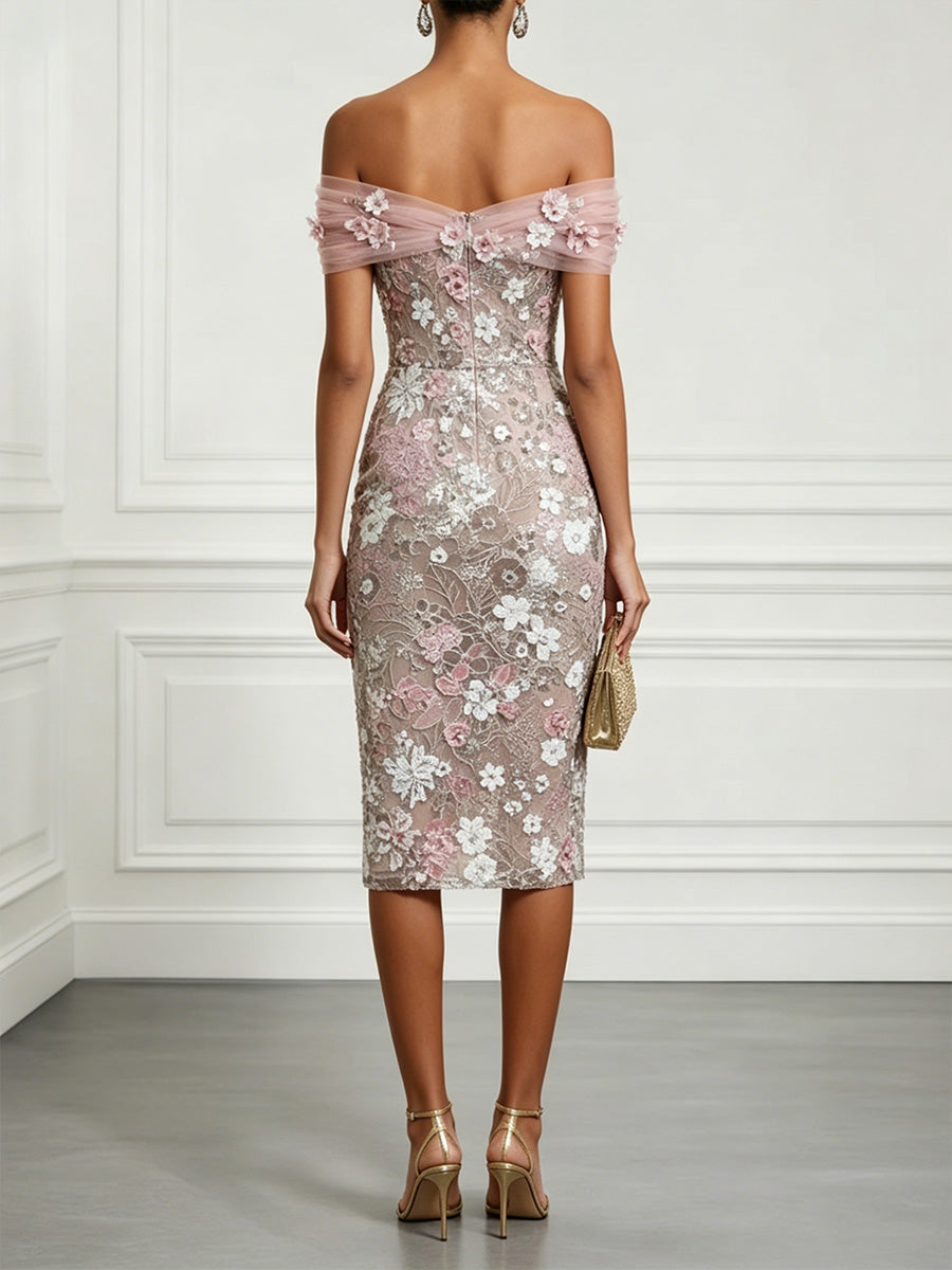 Lace Embroidery Sheath/Column Off Shoulder Tea-Length Cocktail Dresses with 3D Flowers