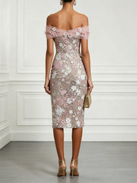 Lace Embroidery Sheath/Column Off Shoulder Tea-Length Cocktail Dresses with 3D Flowers