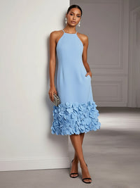 Satin Sheath/Column Scoop Neck Tea-Length Cocktail Dresses with 3D Flowers