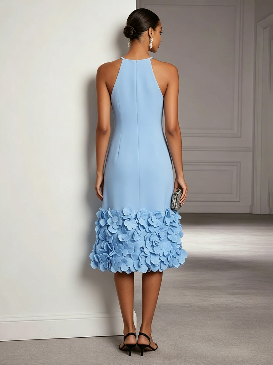 Satin Sheath/Column Scoop Neck Tea-Length Cocktail Dresses with 3D Flowers