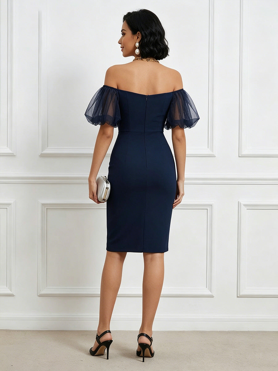 Satin Sheath/Column Off Shoulder Tea-Length Cocktail Dresses for Women