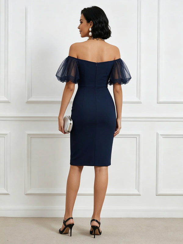 Satin Sheath/Column Off Shoulder Tea-Length Cocktail Dresses for Women
