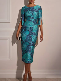 Jacquard Sheath/Column Scoop Neck Tea-Length Cocktail Dresses for Women