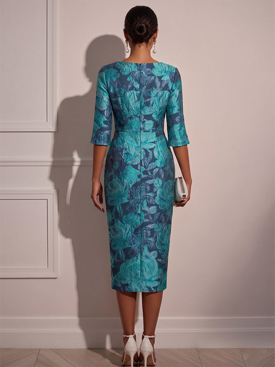 Jacquard Sheath/Column Scoop Neck Tea-Length Cocktail Dresses for Women