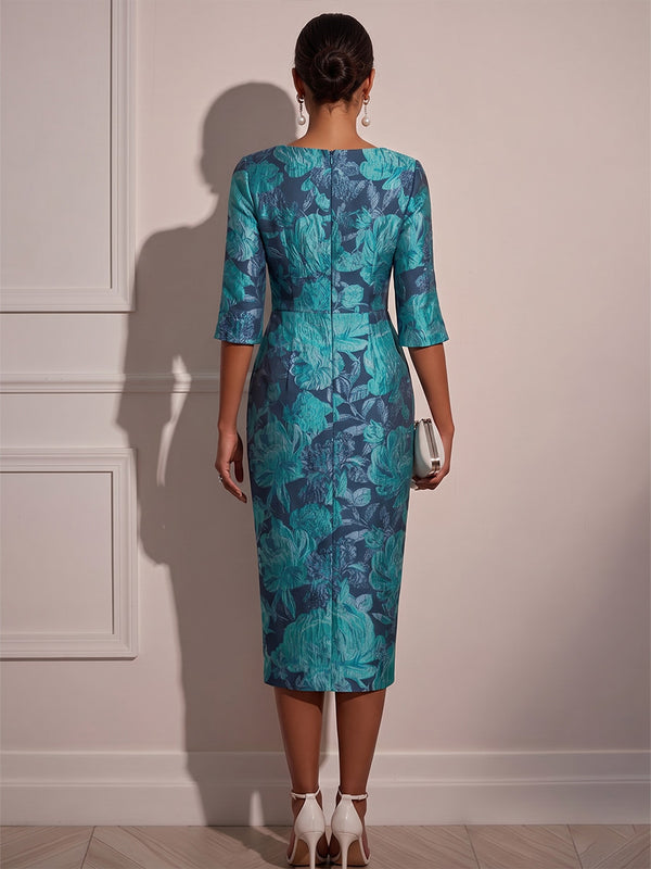 Jacquard Sheath/Column Scoop Neck Tea-Length Cocktail Dresses for Women