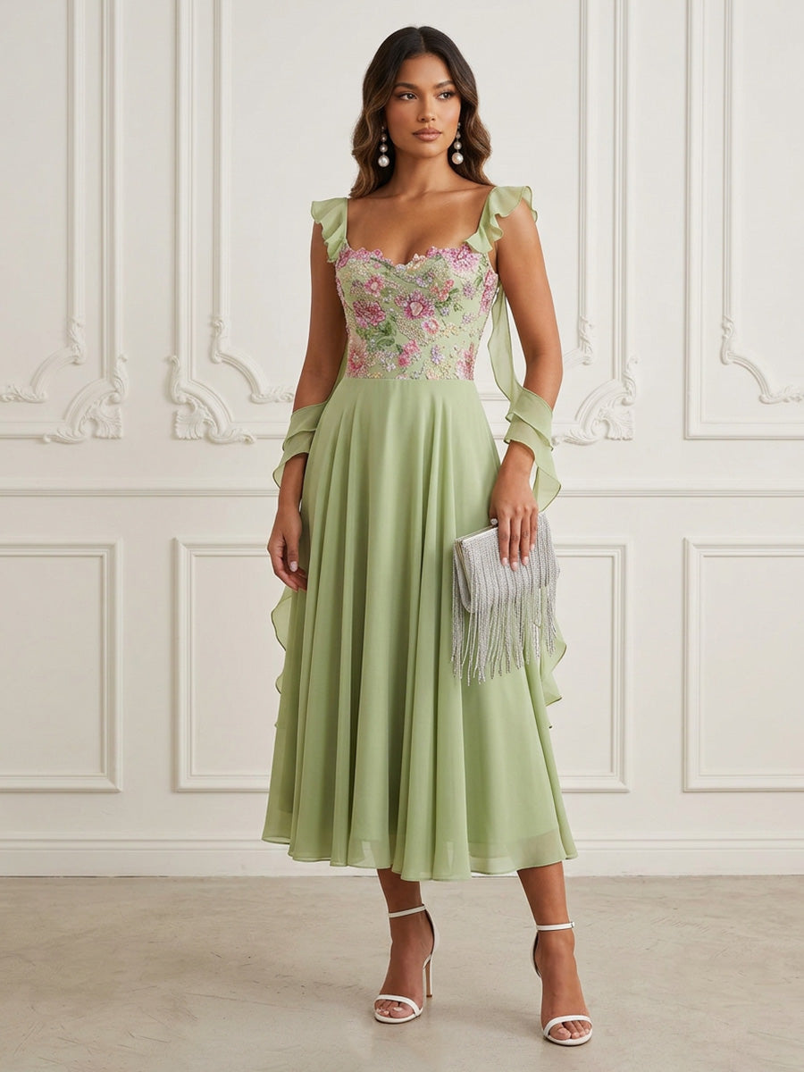 Chiffon A-Line/Princess Spaghetti Straps Tea-Length Cocktail Dresses with Sequin Floral