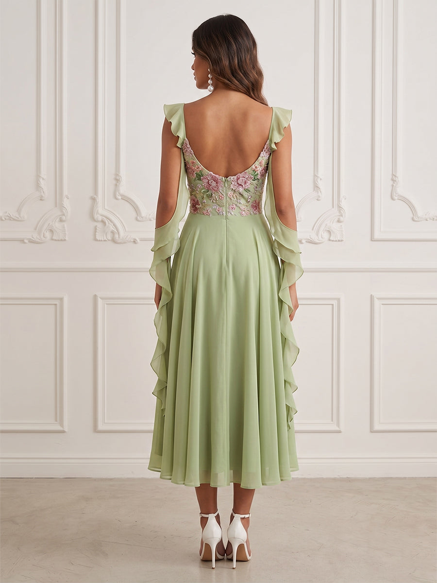 Chiffon A-Line/Princess Spaghetti Straps Tea-Length Cocktail Dresses with Sequin Floral