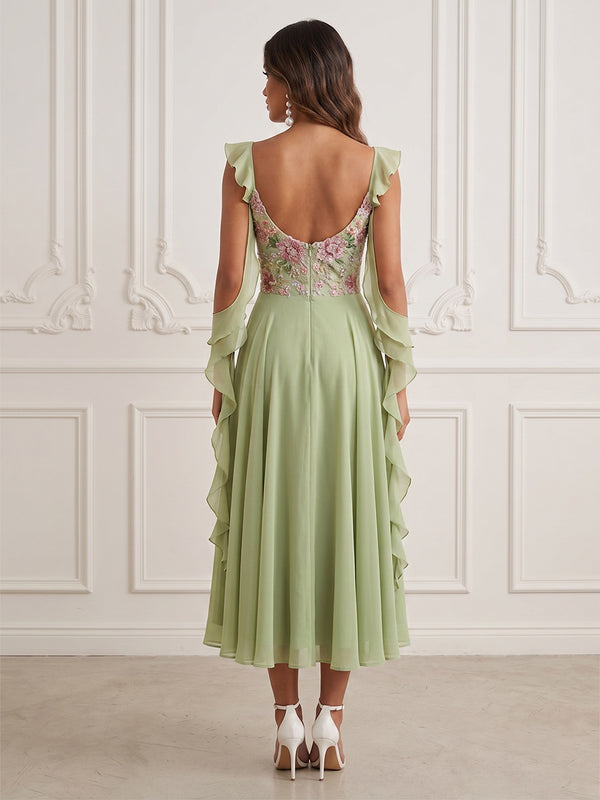 Chiffon A-Line/Princess Spaghetti Straps Tea-Length Cocktail Dresses with Sequin Floral