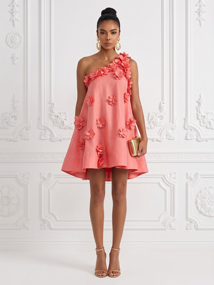 Cotton Linen Shift Dresses One Shoulder Short-Length Cocktail Dresses with 3D Flowers