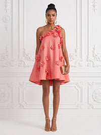 Cotton Linen Shift Dresses One Shoulder Short-Length Cocktail Dresses with 3D Flowers