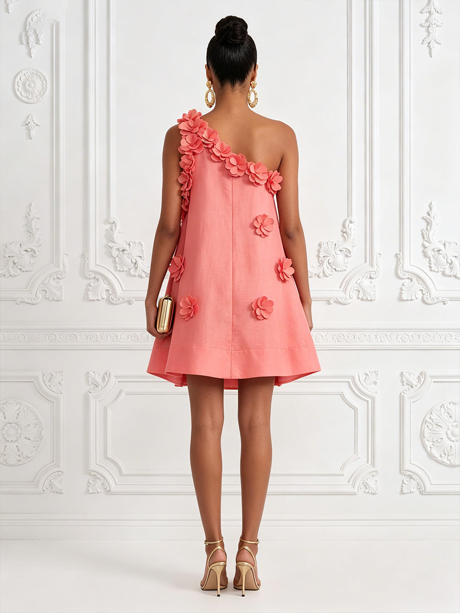Cotton Linen Shift Dresses One Shoulder Short-Length Cocktail Dresses with 3D Flowers