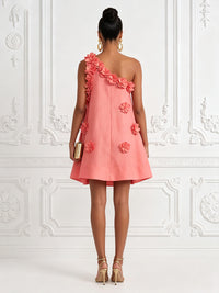Cotton Linen Shift Dresses One Shoulder Short-Length Cocktail Dresses with 3D Flowers