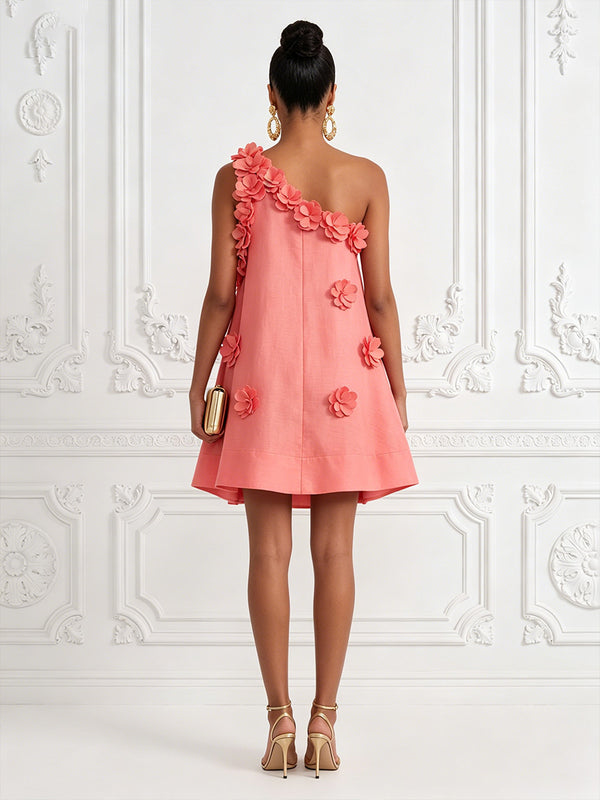 Cotton Linen Shift Dresses One Shoulder Short-Length Cocktail Dresses with 3D Flowers