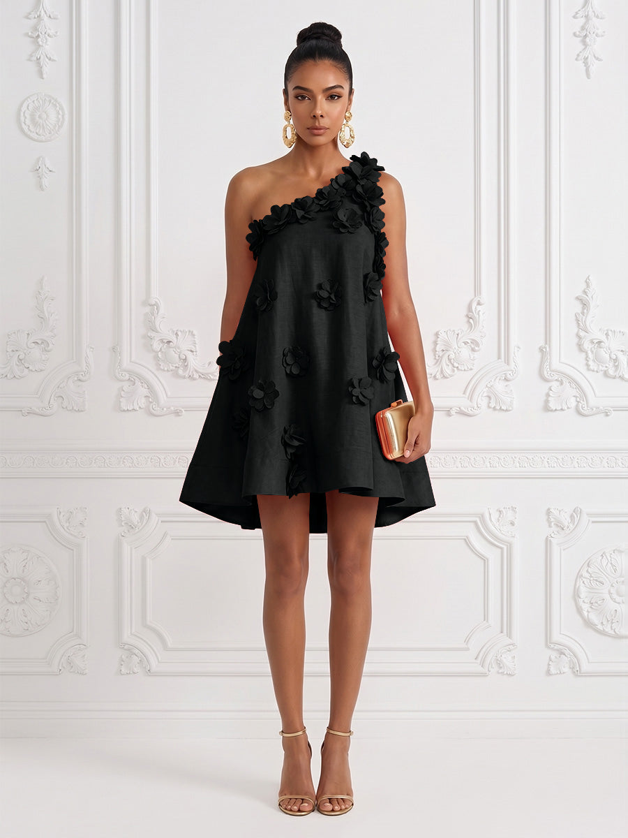 Cotton Linen Shift Dresses One Shoulder Short-Length Cocktail Dresses with 3D Flowers