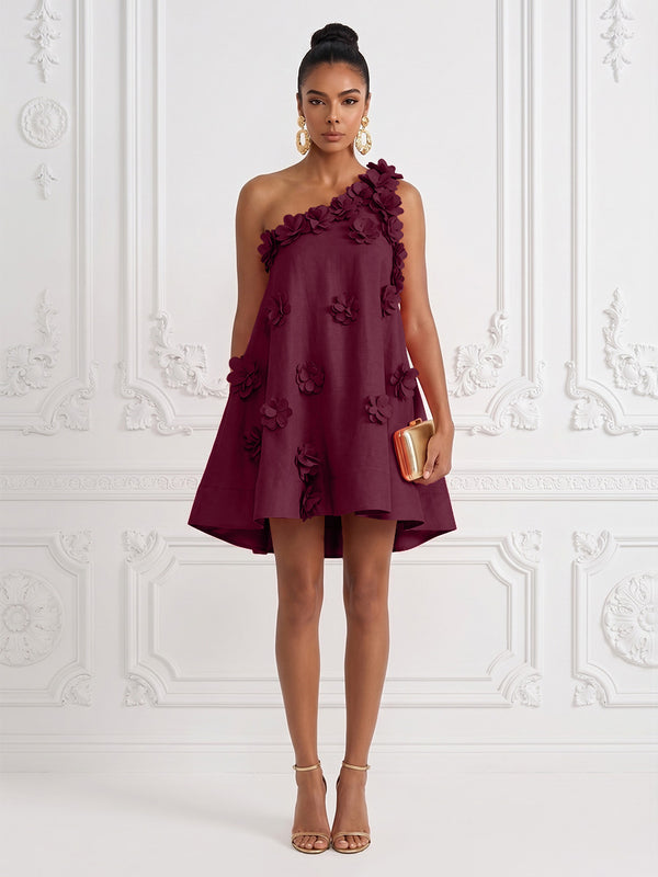 Cotton Linen Shift Dresses One Shoulder Short-Length Cocktail Dresses with 3D Flowers
