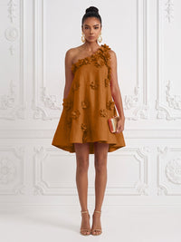 Cotton Linen Shift Dresses One Shoulder Short-Length Cocktail Dresses with 3D Flowers