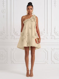 Cotton Linen Shift Dresses One Shoulder Short-Length Cocktail Dresses with 3D Flowers