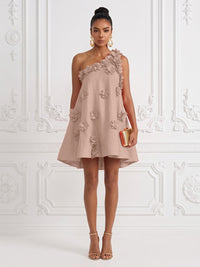 Cotton Linen Shift Dresses One Shoulder Short-Length Cocktail Dresses with 3D Flowers