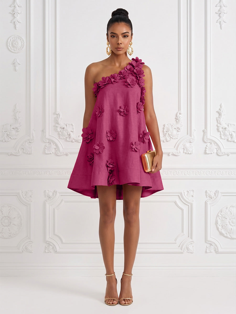 Cotton Linen Shift Dresses One Shoulder Short-Length Cocktail Dresses with 3D Flowers