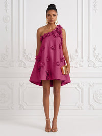 Cotton Linen Shift Dresses One Shoulder Short-Length Cocktail Dresses with 3D Flowers