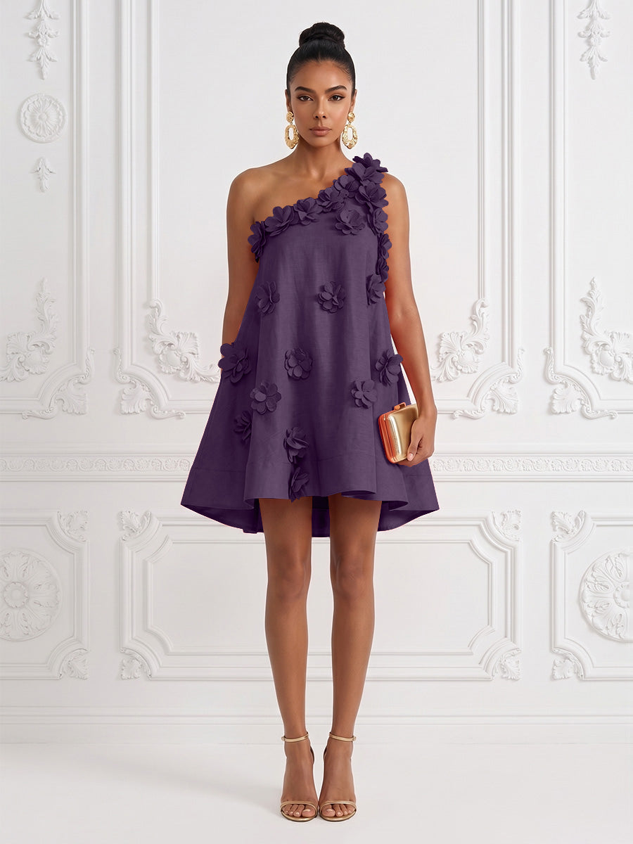 Cotton Linen Shift Dresses One Shoulder Short-Length Cocktail Dresses with 3D Flowers