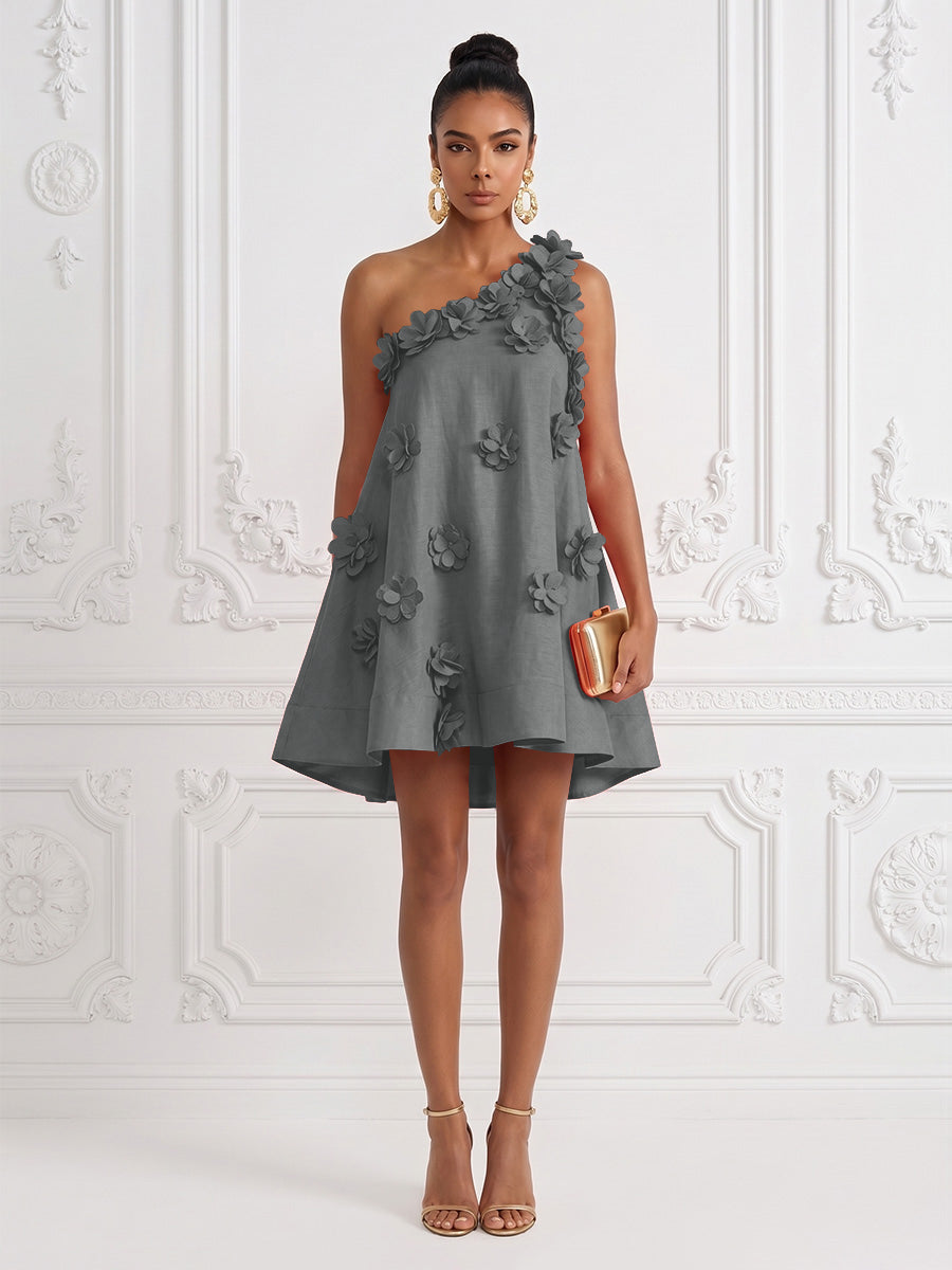 Cotton Linen Shift Dresses One Shoulder Short-Length Cocktail Dresses with 3D Flowers