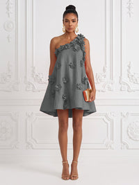 Cotton Linen Shift Dresses One Shoulder Short-Length Cocktail Dresses with 3D Flowers