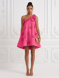 Cotton Linen Shift Dresses One Shoulder Short-Length Cocktail Dresses with 3D Flowers
