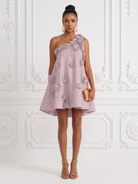 Cotton Linen Shift Dresses One Shoulder Short-Length Cocktail Dresses with 3D Flowers