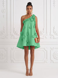 Cotton Linen Shift Dresses One Shoulder Short-Length Cocktail Dresses with 3D Flowers