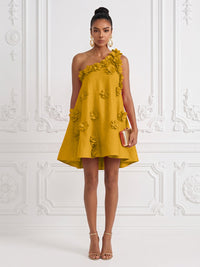 Cotton Linen Shift Dresses One Shoulder Short-Length Cocktail Dresses with 3D Flowers