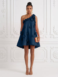Cotton Linen Shift Dresses One Shoulder Short-Length Cocktail Dresses with 3D Flowers