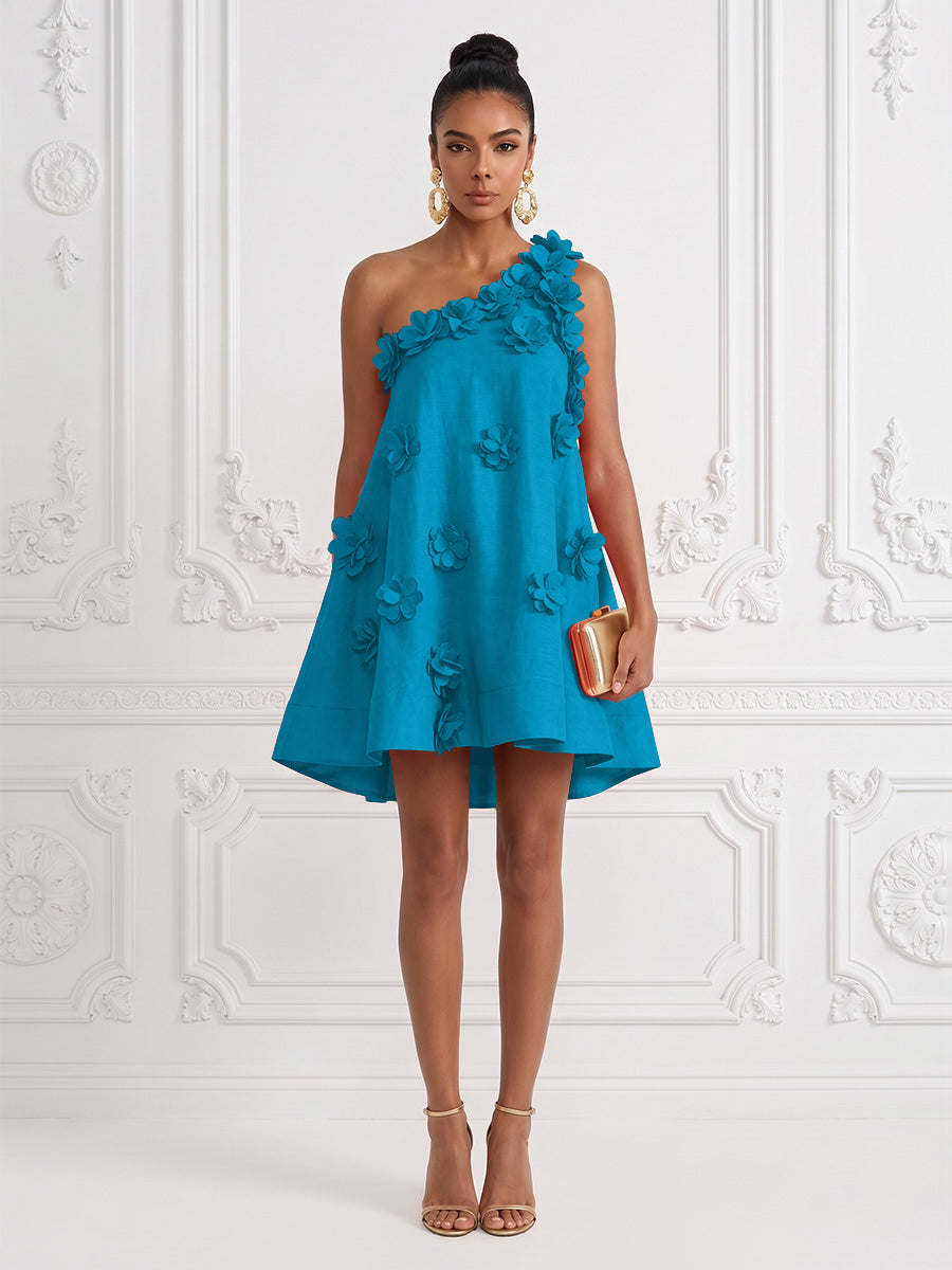 Cotton Linen Shift Dresses One Shoulder Short-Length Cocktail Dresses with 3D Flowers