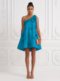 Cotton Linen Shift Dresses One Shoulder Short-Length Cocktail Dresses with 3D Flowers