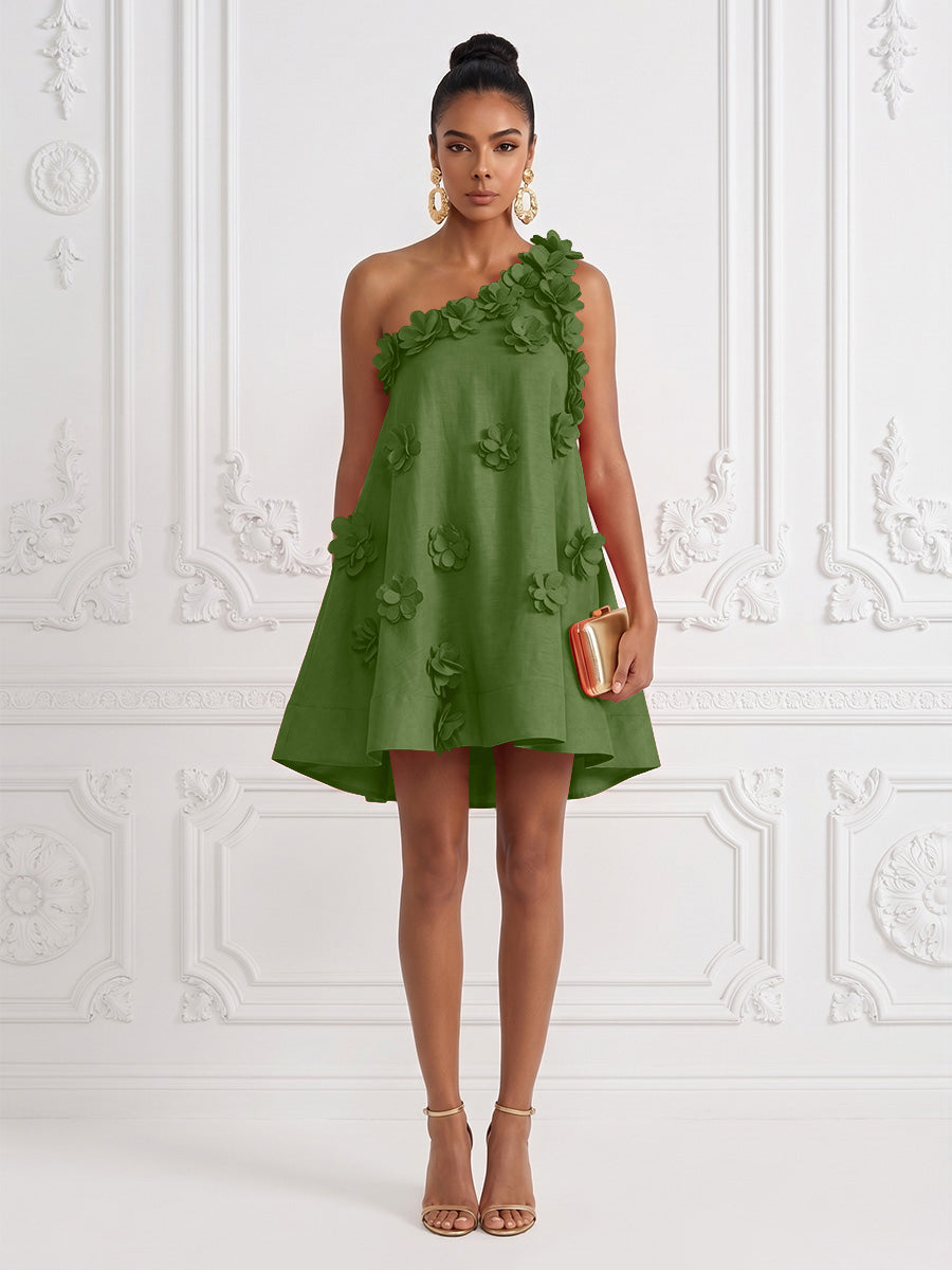 Cotton Linen Shift Dresses One Shoulder Short-Length Cocktail Dresses with 3D Flowers