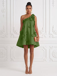 Cotton Linen Shift Dresses One Shoulder Short-Length Cocktail Dresses with 3D Flowers