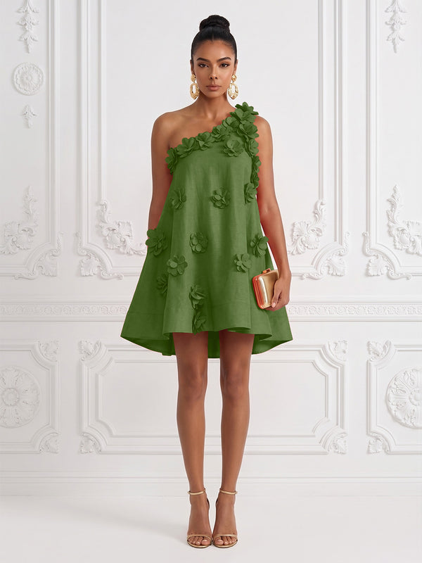 Cotton Linen Shift Dresses One Shoulder Short-Length Cocktail Dresses with 3D Flowers