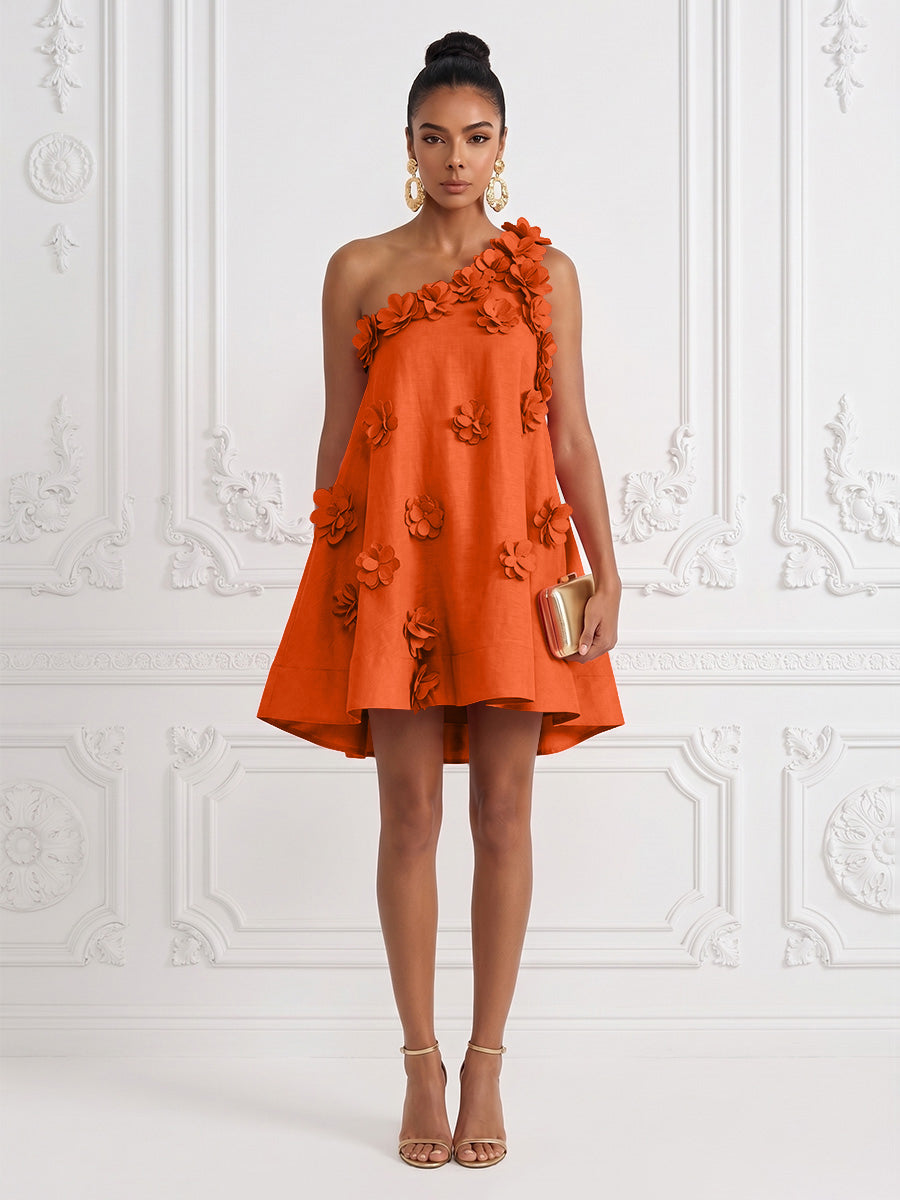 Shirees Peacock Cotton Linen Shift Dresses One Shoulder Short-Length Cocktail Dresses with 3D Flowers 2026