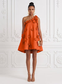 Cotton Linen Shift Dresses One Shoulder Short-Length Cocktail Dresses with 3D Flowers