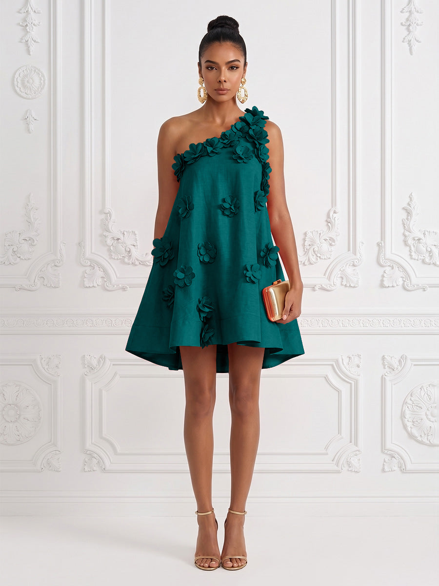 Cotton Linen Shift Dresses One Shoulder Short-Length Cocktail Dresses with 3D Flowers
