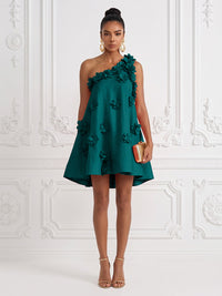 Cotton Linen Shift Dresses One Shoulder Short-Length Cocktail Dresses with 3D Flowers
