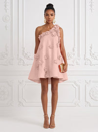 Cotton Linen Shift Dresses One Shoulder Short-Length Cocktail Dresses with 3D Flowers