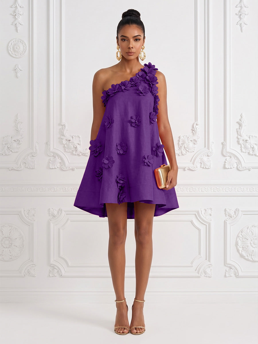 Cotton Linen Shift Dresses One Shoulder Short-Length Cocktail Dresses with 3D Flowers