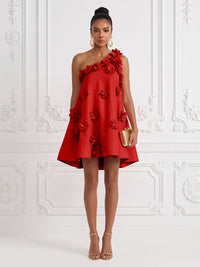 Cotton Linen Shift Dresses One Shoulder Short-Length Cocktail Dresses with 3D Flowers