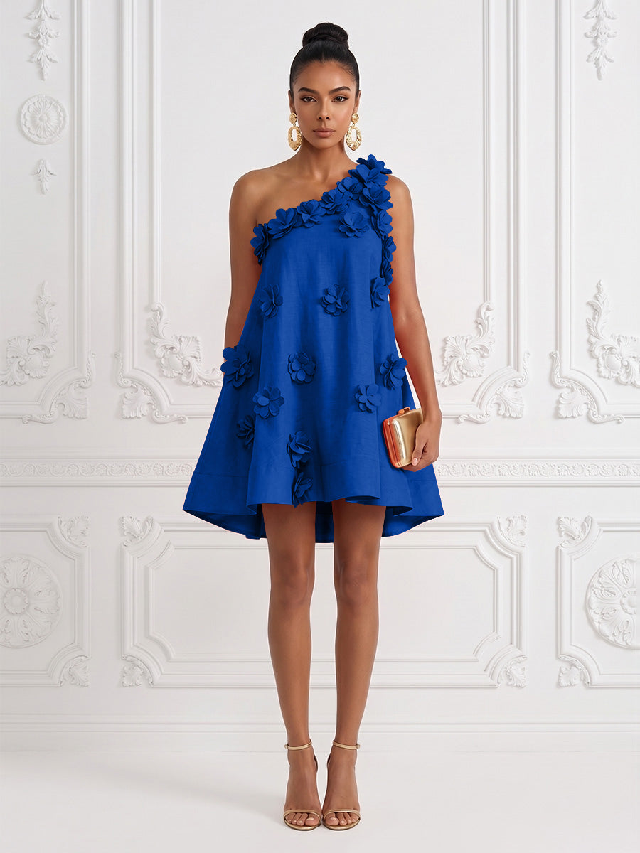 Cotton Linen Shift Dresses One Shoulder Short-Length Cocktail Dresses with 3D Flowers